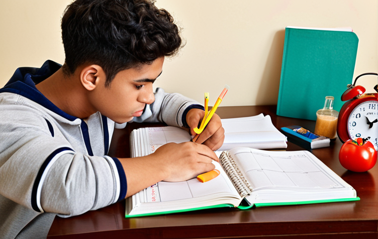 **Image Prompt:** A study desk cluttered with textbooks, highlighters, and a Pomodoro timer. A student is intensely focused, wearing comfortable clothes, with a cup of teh tarik nearby. The scene should convey focused study and time management techniques. Add a calendar with study schedule visible.