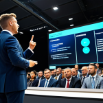 A professional, confident auctioneer, fully clothed in a modest business suit, stands dynamically at a podium in a modern auction hall. They hold a gavel, gesturing towards a large, sleek digital screen displaying live online bids and asset information. The background shows a blurred, diverse audience, blending traditional and virtual elements seamlessly. The lighting is bright and professional, creating a high-quality, sharp image. The image embodies a professional atmosphere, safe for work, with appropriate content, perfect anatomy, correct proportions, natural pose, well-formed hands, proper finger count, and natural body proportions.