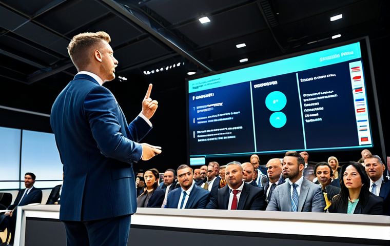 A professional, confident auctioneer, fully clothed in a modest business suit, stands dynamically at a podium in a modern auction hall. They hold a gavel, gesturing towards a large, sleek digital screen displaying live online bids and asset information. The background shows a blurred, diverse audience, blending traditional and virtual elements seamlessly. The lighting is bright and professional, creating a high-quality, sharp image. The image embodies a professional atmosphere, safe for work, with appropriate content, perfect anatomy, correct proportions, natural pose, well-formed hands, proper finger count, and natural body proportions.