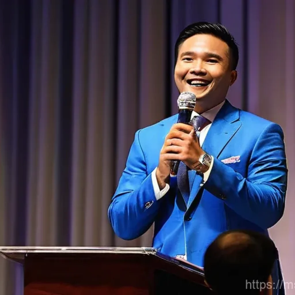 경매사 실기시험에서 발생할 수 있는 문제 해결 - **A Confident Malaysian Auctioneer Commanding the Stage**
    **Prompt:** "A charismatic and confide...