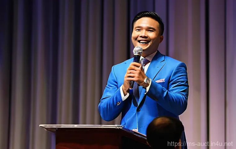 경매사 실기시험에서 발생할 수 있는 문제 해결 - **A Confident Malaysian Auctioneer Commanding the Stage**
    **Prompt:** "A charismatic and confide...